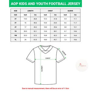 Puede incluir: Un diagrama de una camiseta de f&uacute;tbol juvenil con medidas en pulgadas y cent&iacute;metros. La tabla muestra tallas de 2T a YL, con medidas de largo, pecho y manga. El texto en la parte superior dice "AOP KIDS AND YOUTH FOOTBALL JERSEY."