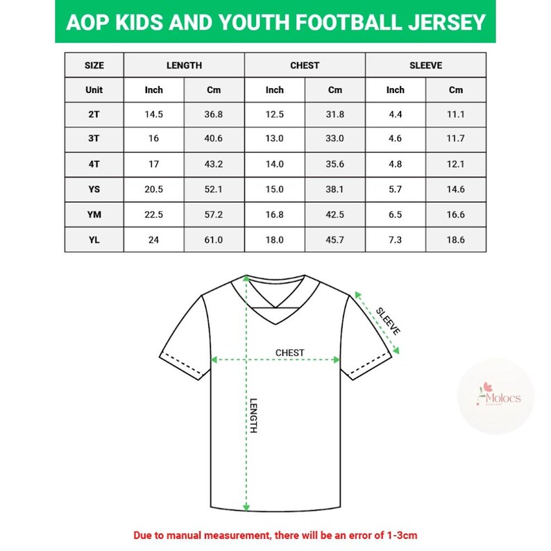 Puede incluir: Un diagrama de una camiseta de f&uacute;tbol juvenil con medidas en pulgadas y cent&iacute;metros. La tabla muestra tallas de 2T a YL, con medidas de largo, pecho y manga. El texto en la parte superior dice "AOP KIDS AND YOUTH FOOTBALL JERSEY."