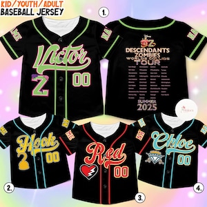 May include: Black baseball jerseys with various designs. One jersey features "Victor" in green, another lists tour dates, and others display "Hook", "Red", and "Chloe" with numbers. The jerseys have contrasting color accents.