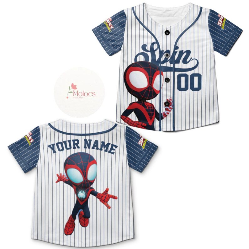 May include: White baseball jersey with blue and red stripes. The jersey features a cartoon image of Spider-Man on the front and back. The front of the jersey has the text "Spin 00" and the back has the text "Your Name".