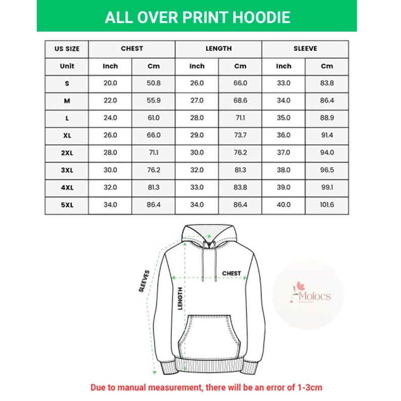 Puede incluir: Una tabla de tallas para una sudadera con capucha con estampado integral, con medidas en pulgadas y cent&iacute;metros. La tabla incluye las dimensiones de pecho, largo y manga para las tallas S a 5XL. Un diagrama de sudadera con capucha ilustra los puntos de medici&oacute;n.