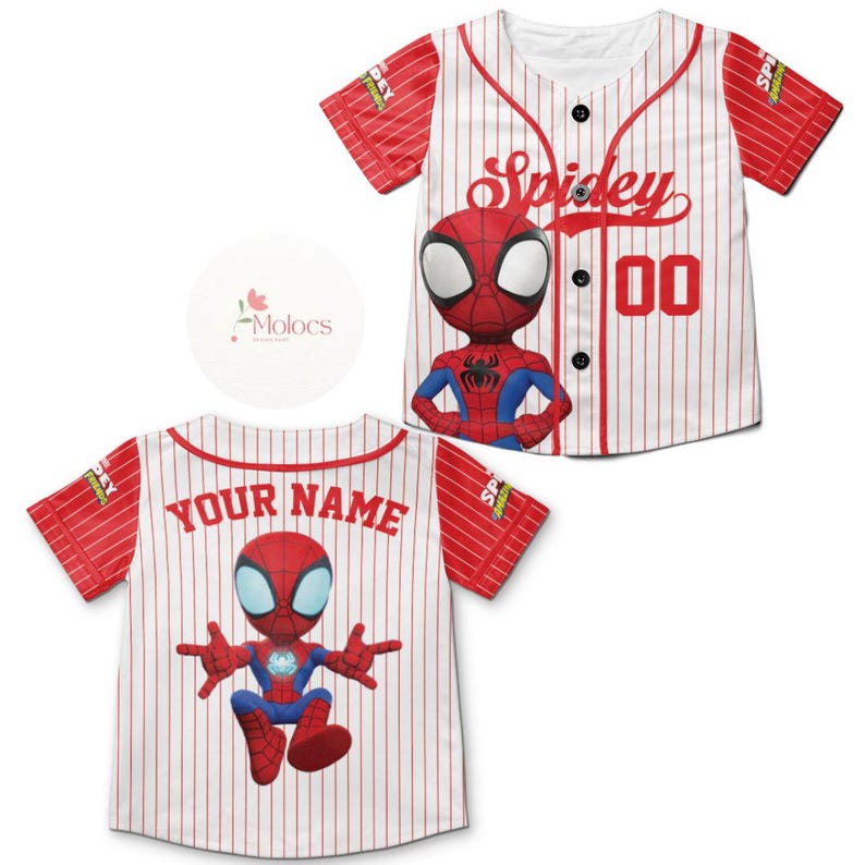 May include: White and red baseball jersey with a cartoon Spider-Man graphic and the text "Spidey 00". The back of the jersey has the text "YOUR NAME" and a cartoon Spider-Man graphic.