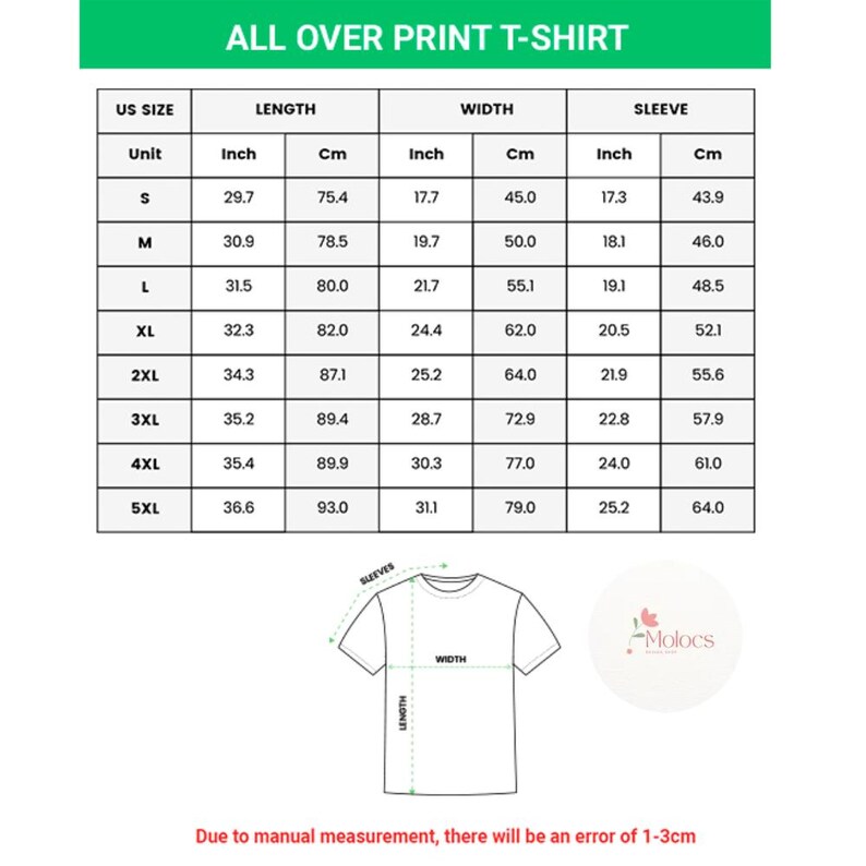 Puede incluir: Una tabla blanca con medidas de tallas para una camiseta con estampado integral. La tabla incluye tallas estadounidenses de la S a la 5XL, con medidas de largo, ancho y manga en pulgadas y cm. Tambi&eacute;n se incluye un diagrama de una camiseta.
