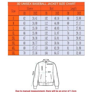Puede incluir: Tabla de tallas para una chaqueta de b&eacute;isbol unisex. La tabla muestra las medidas en pulgadas y cent&iacute;metros para las tallas S a 5XL. La tabla incluye las medidas de la longitud de la manga, el pecho y la longitud de la chaqueta.