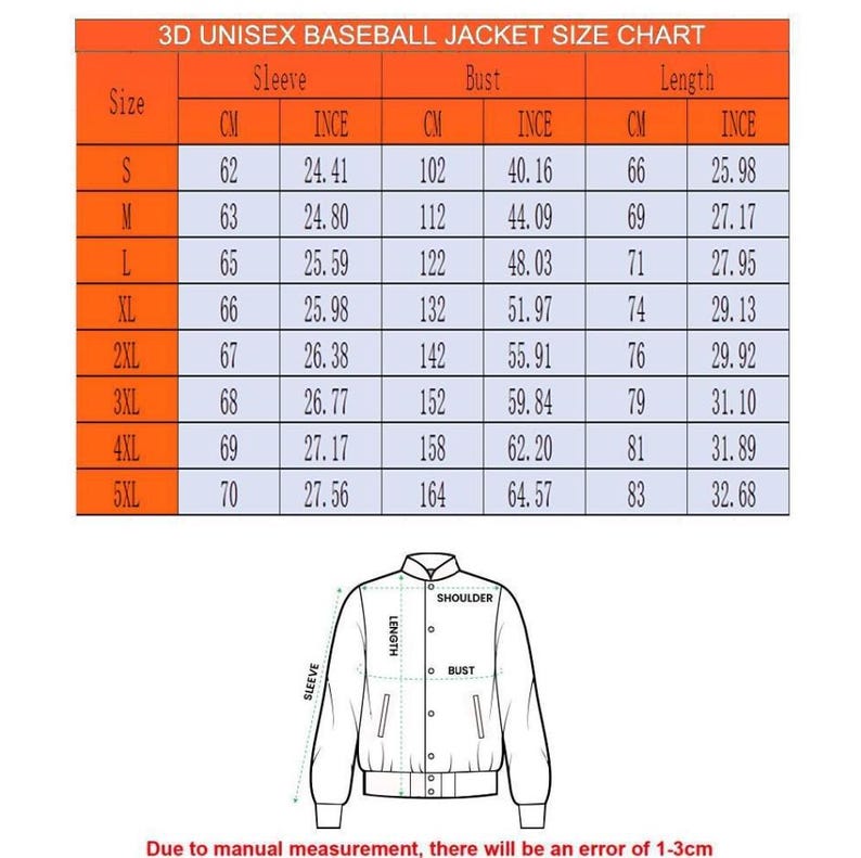 Puede incluir: Tabla de tallas para una chaqueta de b&eacute;isbol unisex. La tabla muestra las medidas en pulgadas y cent&iacute;metros para las tallas S a 5XL. La tabla incluye las medidas de la longitud de la manga, el pecho y la longitud de la chaqueta.