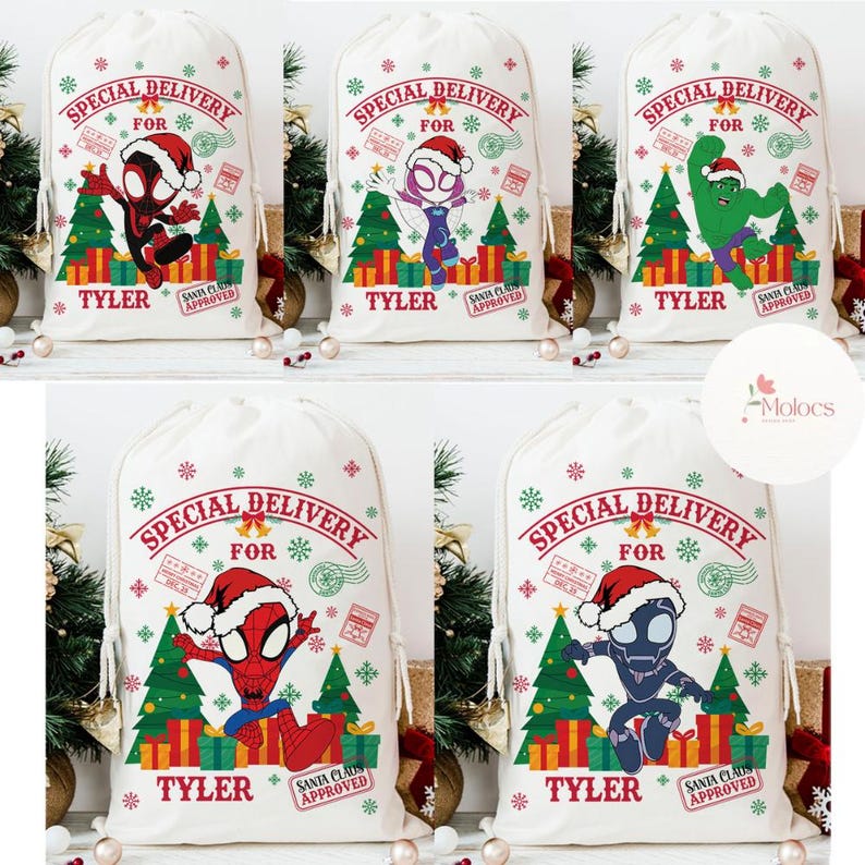 May include: White canvas Christmas gift bags with drawstring closures. Each bag features a superhero graphic, the text "SPECIAL DELIVERY FOR" and the name "TYLER". The bags are decorated with Christmas trees, gifts, snowflakes, and a "SANTA CLAUS APPROVED" stamp.