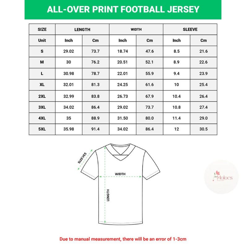Puede incluir: Tabla de tallas para una camiseta de f&uacute;tbol con estampado integral. Las medidas en cm y pulgadas indican la longitud, el ancho y la longitud de la manga, desde la talla S hasta la 5XL. Un diagrama de la camiseta ilustra los puntos de medici&oacute;n.