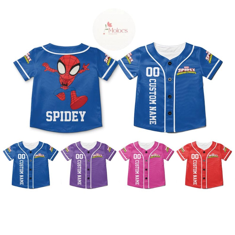 May include: Five baseball jerseys with a Spiderman theme. The jerseys are blue, purple, pink, and red. The jerseys have a number 00 and the text "Custom Name" on the front. One jersey has a cartoon image of Spiderman and the text "SPIDEY" on the back.