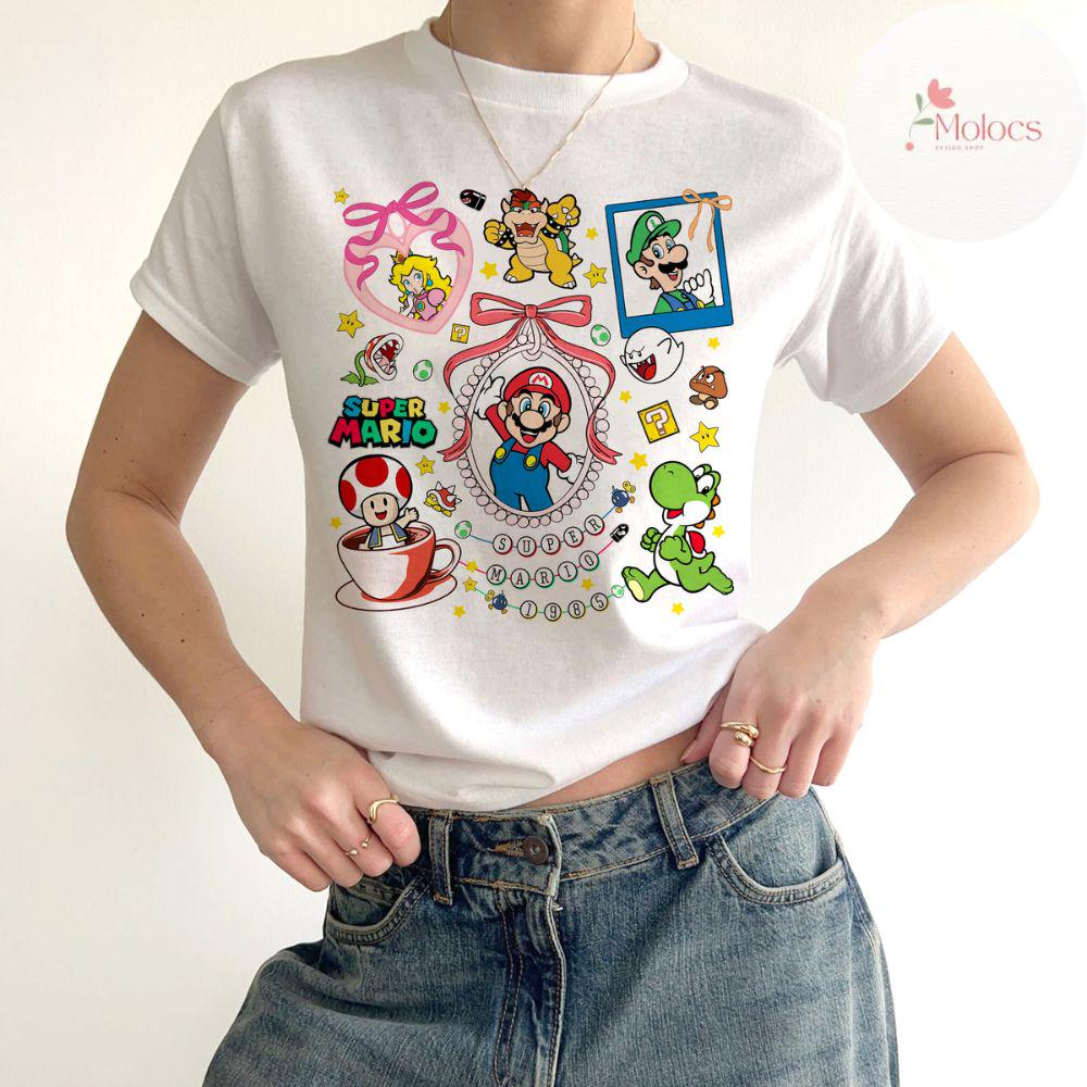 Coquette Bow Super Mario Baby Tee Crop Top, Mario Luigi Princess Peach Birthday Girl, Mario Birthday Boy, Mario Bros Family Group Matching