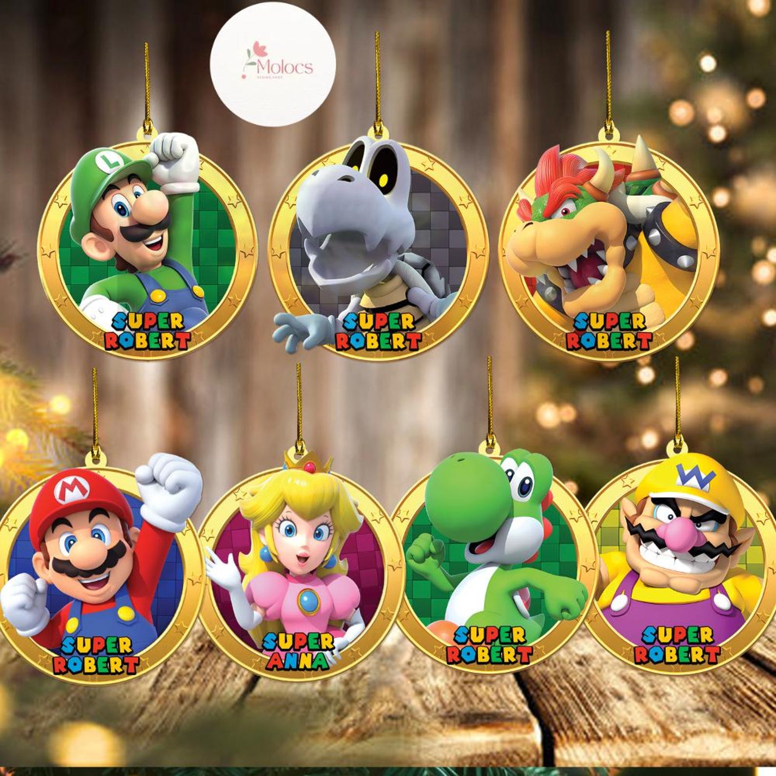 Personalized Super Mario Ornaments, Super Mario Luigi Princess Peach