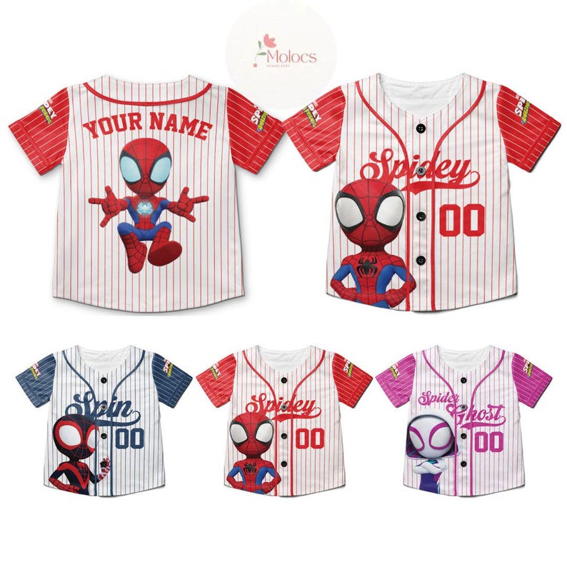 May include: Five different baseball jerseys featuring a Spiderman character. The jerseys are white with red and blue stripes. The jerseys have the text "Spidey", "Spin", and "Spider Ghost" on them. The jerseys have the number "00" on them.