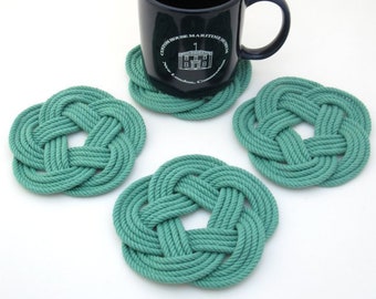 Rope Coasters Woven Green Cotton Nautical Turkhsead Knot 4 pack