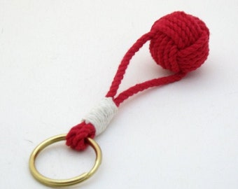 Monkey Fist Key Chain Traditional Red Cotton with Solid Brass Split Ring