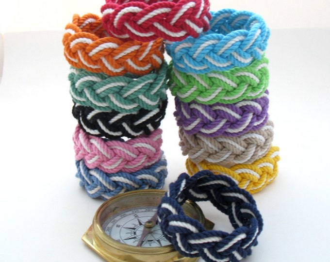 Two Color Nautical Bracelet, Sailor Knot Bracelet Woven with Cotton Cord into a rope bracelet choose from 12 color combinations