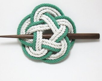 Sailor Knot Hair Stick Barrette in Green and White