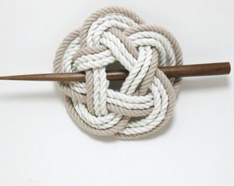 Sailor Knot Hair Stick Barrette in Tan and White