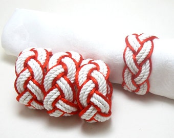 Nautical Napkin Rings Knot of White Cotton outlined in Red Satin Pack of 4