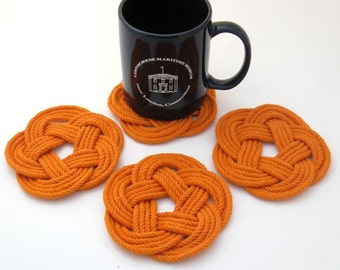 Nautical Coasters Woven Orange Cotton Turks Head Knot 4 pack