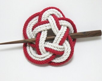 Sailor Knot Hair Stick Barrette in Red and White