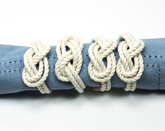 Nautical Figure Eight Infinity Knot Napkin Rings Natural White Rope Set of 4