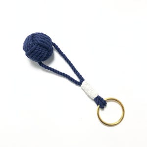 Traditional Keyring Monkey Fist Knot in Navy Cotton with White Whipping and Split Ring