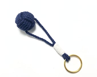 Traditional Keyring Monkey Fist Knot in Navy Cotton with White Whipping and Split Ring