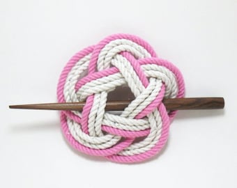 Sailor Knot Hair Stick Barrette in Pink and White