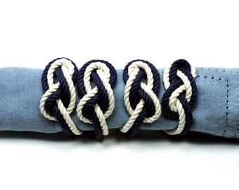 Nautical Figure Eight Infinity Knot Napkin Rings Navy and White Rope Set of 4