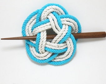 Sailor Knot Hair Stick Barrette in Turquoise and White