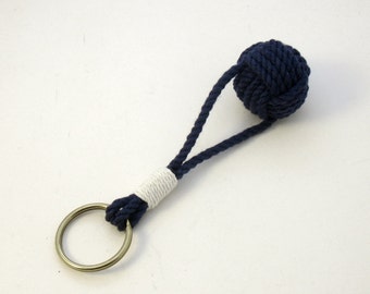 Traditional Keyring Monkey Fist Knot in Navy Cotton with White Whipping and Split Ring