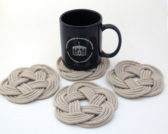 Nautical Woven Coasters Tan Cotton Turkshead Weave Set of 4