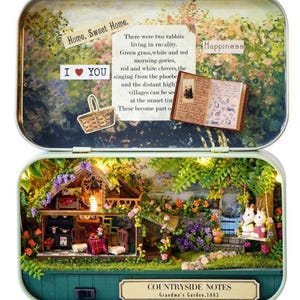 DIY miniatyr dockhus plåtlåda kit, landsbygdsanteckningar