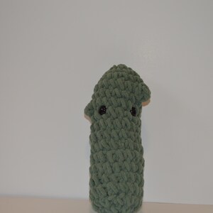 May include: A green crocheted plush toy with black eyes. The toy is shaped like a tall, thin cylinder.
