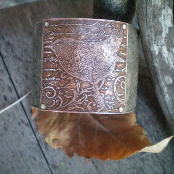 etched metal jewelry French county bird etched in copper  hand rivited t nice wide etched nickel silver cuff style bracelet