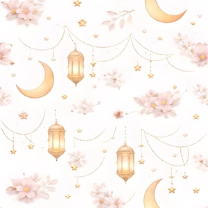 May include: A repeating pattern featuring watercolor illustrations of gold lanterns, crescent moons, and stars, along with delicate pink flowers and foliage, set against a white background. The design evokes a dreamy, celestial theme, suitable for various decorative applications.