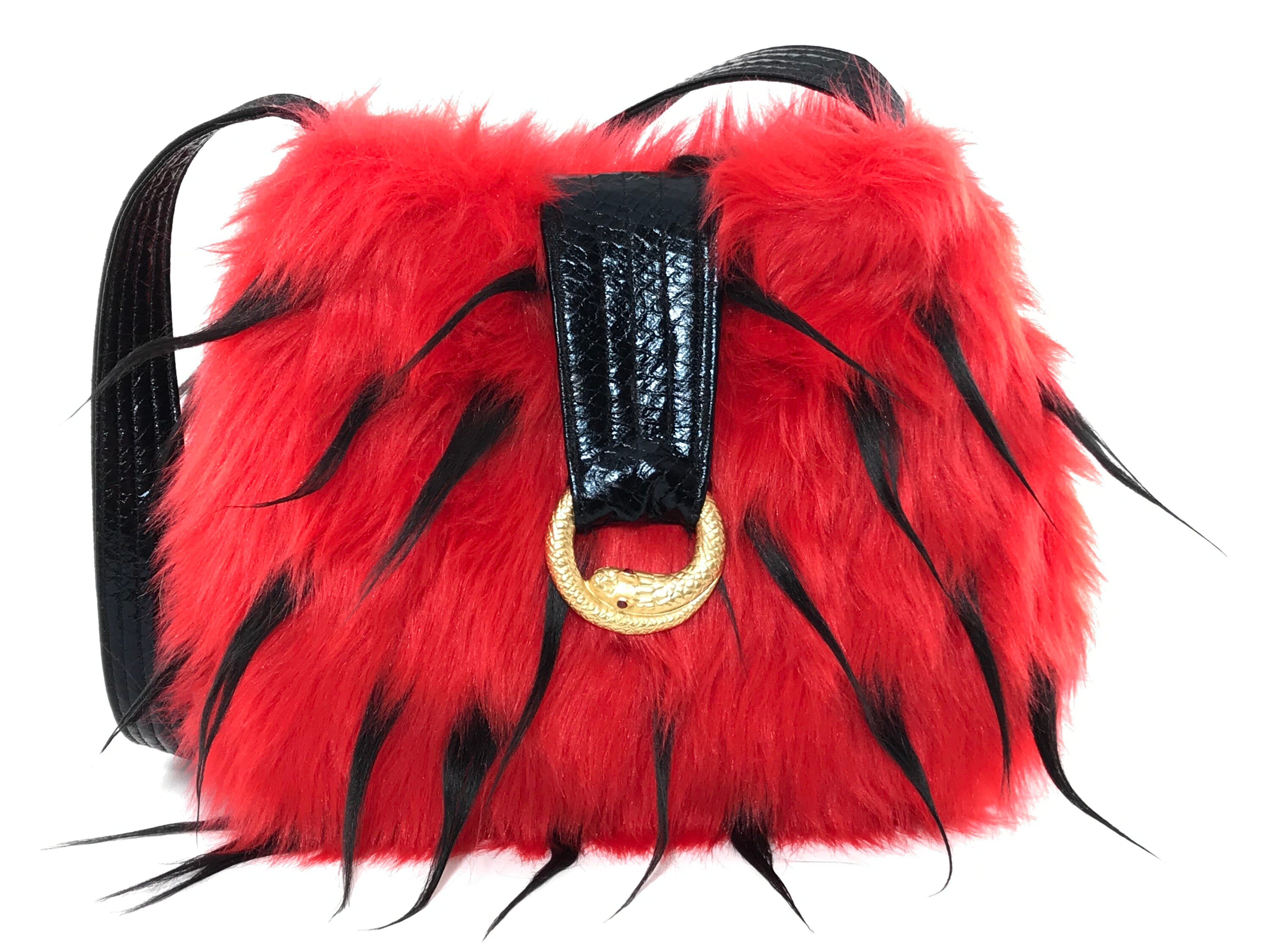 red faux fur purse