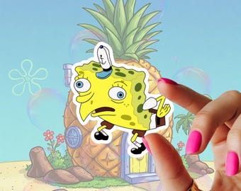 MoCkiNg SpoNGeOb mEMe stiCKeR | GlOsSY FiNIsH | haND-dRAwn | WaTEr-rESisTaNt | laPtoP, waTEr BOTtle, aNd joURnaL SticKeR