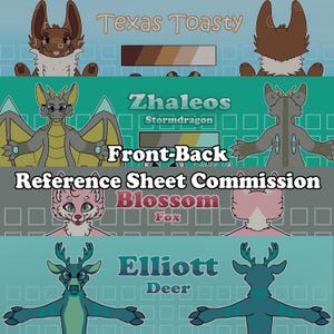 May include: A reference sheet commission featuring four different character designs. The characters include a brown bunny named Texas Toasty, a gray dragon named Zhaleos, a pink fox named Blossom, and a blue deer named Elliott. Each character is shown from the front and back.