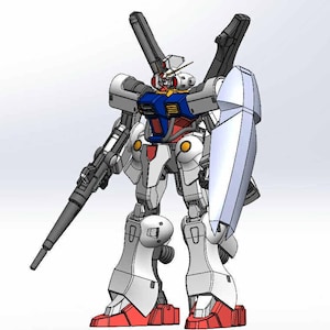 May include: A detailed 3D model of a Gundam robot, primarily white with blue, red, and yellow accents. It features a large rifle, shield, and various mechanical components. The robot stands upright, showcasing its intricate design and futuristic aesthetic.