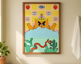 May include: A framed art print featuring a cartoon cat with a crown, emerging from a cloud. The artwork has a yellow checkered background with hearts, eyes, and flowers. Below, cacti and a snake are depicted.