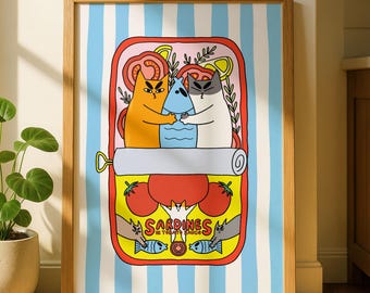 Póster retro de lata de sardinas y gato azul para cocina, impresión de arte pop, descarga digital