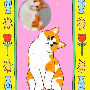 Retrato personalizado de animal de estimação mal desenhado a partir de foto, retrato retrô colorido de gato, ilustração digital de cachorro para impressão.