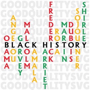 May include: A graphic design with the words "BLACK HISTORY" in bold black letters. The words "FREEDOM" and "QUALITY" are also visible. The letters are in red, yellow, green, and black, against a white background.
