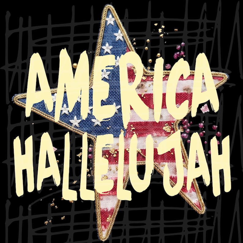 Pu&ograve; includere: Un design a forma di stella con la scritta "AMERICA HALLELUJAH" in grassetto giallo. La stella presenta una sezione blu con stelle bianche e una sezione a strisce rosse e bianche, il tutto bordato d'oro su sfondo nero.