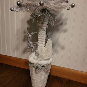 Unique Beautiful Reindeer White Silver Sparkle Trendy Holiday Topiary Tree Lights Up inside home decor High End Decoration Fire Place