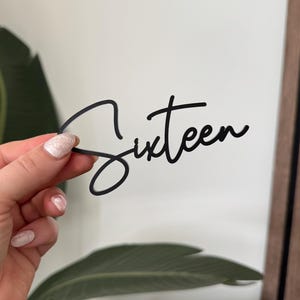 K&ouml;nnte beinhalten: Ein schwarzes "Sixteen"-Schild in Schreibschrift wird in einer Hand mit manik&uuml;rten N&auml;geln gehalten. Das Schild besteht aus einem d&uuml;nnen, matten Material. Der Hintergrund umfasst eine gr&uuml;ne Pflanze und eine neutral get&ouml;nte Wand.