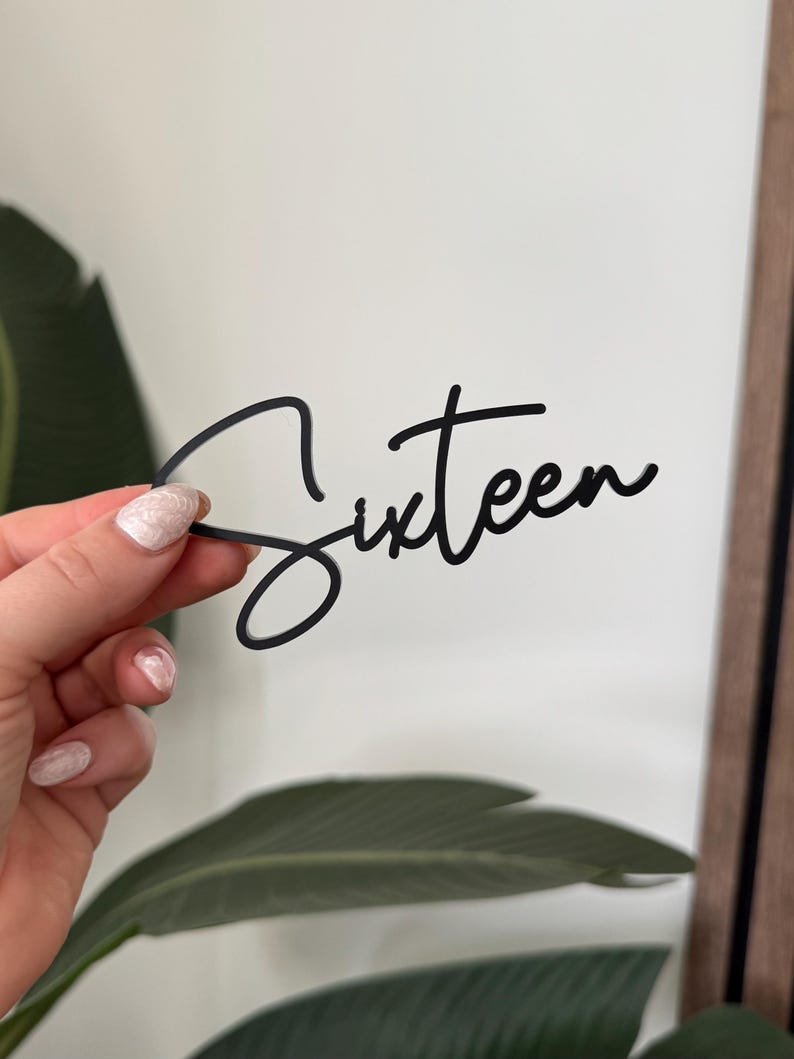 K&ouml;nnte beinhalten: Ein schwarzes "Sixteen"-Schild in Schreibschrift wird in einer Hand mit manik&uuml;rten N&auml;geln gehalten. Das Schild besteht aus einem d&uuml;nnen, matten Material. Der Hintergrund umfasst eine gr&uuml;ne Pflanze und eine neutral get&ouml;nte Wand.