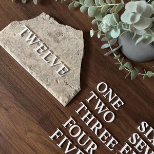 K&ouml;nnte beinhalten: Ein dekorativer Stein mit dem Wort "TWELVE" in wei&szlig;en Buchstaben. Zus&auml;tzliche wei&szlig;e Zahlen-Ausschnitte von "ONE" bis "TEN" sind auf einer Holzoberfl&auml;che verstreut. Eine kleine Topfpflanze mit gr&uuml;nen Bl&auml;ttern befindet sich im Hintergrund.