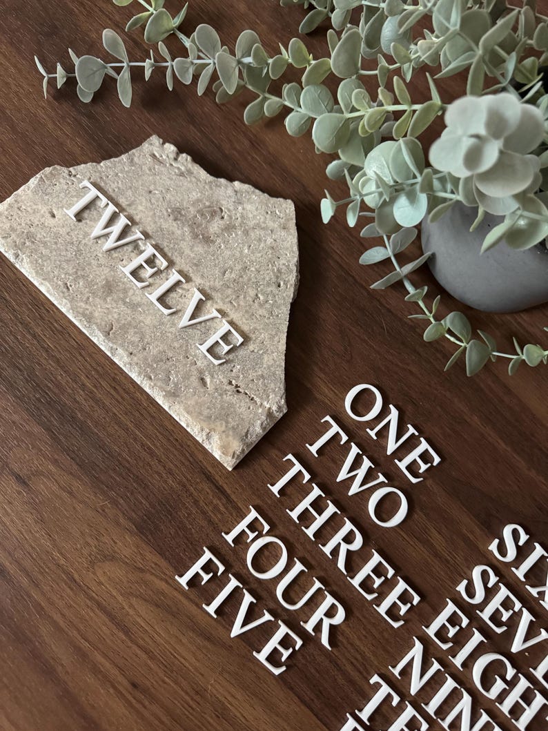 K&ouml;nnte beinhalten: Ein dekorativer Stein mit dem Wort "TWELVE" in wei&szlig;en Buchstaben. Zus&auml;tzliche wei&szlig;e Zahlen-Ausschnitte von "ONE" bis "TEN" sind auf einer Holzoberfl&auml;che verstreut. Eine kleine Topfpflanze mit gr&uuml;nen Bl&auml;ttern befindet sich im Hintergrund.