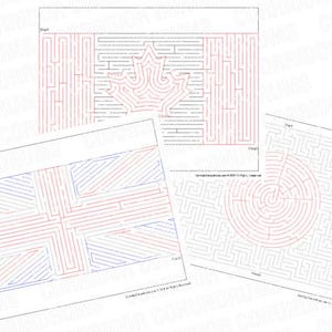 Op de afbeelding: Drie printbare doolhofpuzzels met een Canadese vlag, een Union Jack-vlag en een cirkelvormig doolhof. De doolhoven zijn in zwart en rood op wit papier gedrukt.